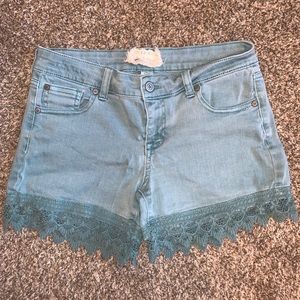 Altar’d State Teal Denim Shorts with Lace Detail